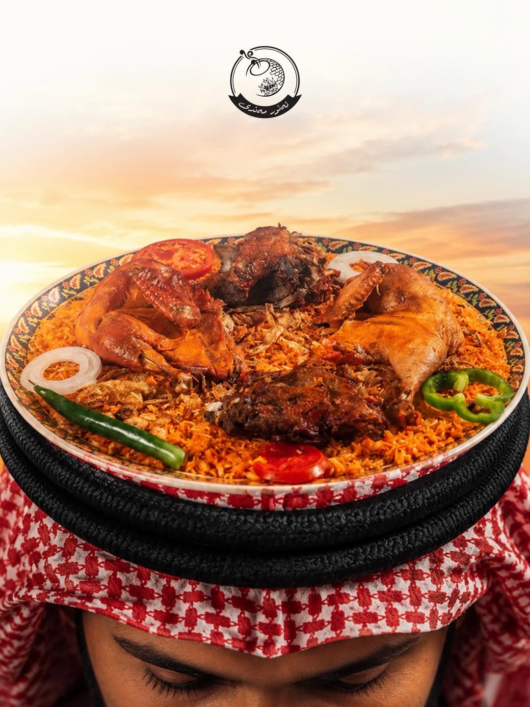 قاپێکی گەورەی مەندی مریشک لەسەر سەری پیاوێک بە جەمەدانی سوور لە کاتی خۆرئاوابوون
